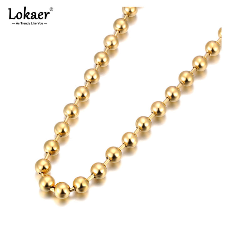 Lokaer Fashion Stainless Steel 8/10mm Round Beads Chain Necklace Bracelet Sets for Women 18K Gold Plated Party Jewelry N24082