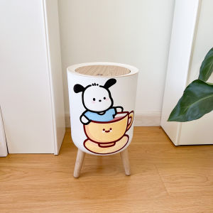 ถังขยะใช้ในบ้านลายหมาปาชาน่ารักถังเก็บถังขยะทรงกลมความจุขนาดใหญ่สำหรับหอพักนักเรียนห้องนอนแบบกดสองชั้น