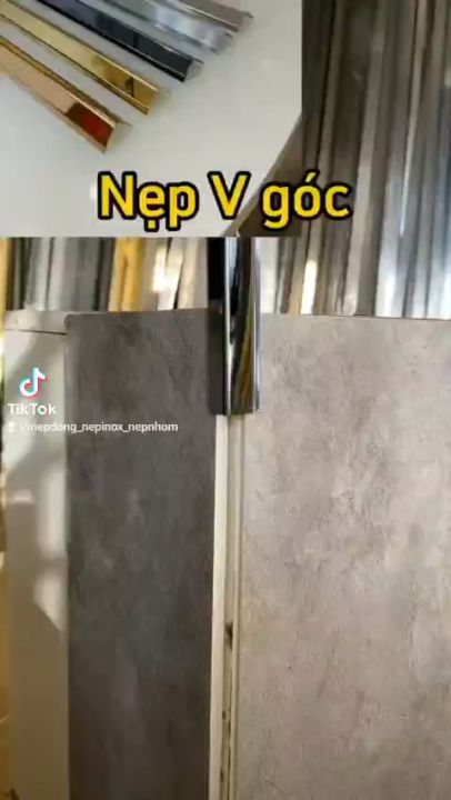 Nẹp inox 304 chữ V vàng gương, Nẹp v inox, dày 0.6li hàng bo cạnh, thanh dài 2m44 thi công đơn giản