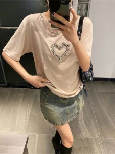 Korean Style Heavy Embellished Heart round Neck Short Sleeve T-Shirt Womens New Spring Fashion Beautiful Top Summer Commute