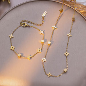 BESFOME Four Leaf Clover Bracelet for Woman 18K Gold Plated Stainless Steel Adjustable Bracelet Necklace