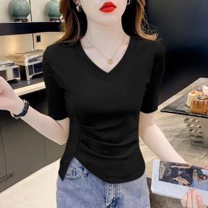 Summer New V-Neck Short Sleeve Pure Cotton Womens T-Shirt Asymmetrical Slimming Pleated Belly Concealing Solid Color Top