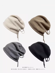 Womens Knitted Woolen Hat Winter Autumn Small Face Illusory Big Head Circumference Drawstring Cuffed Warm Cap Casual Style