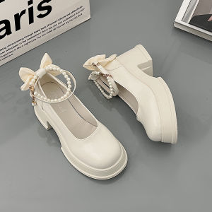 Mary Jane Single Shoes Womens Spring Autumn New French High Heel Thick Heel round Head Match Skirts Elegant Small Leather Shoes