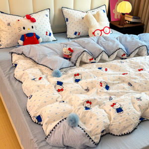 susan | Japanese Style Milky White & Light Blue Polka Dot Puff Gauze with Pom-poms Hello Kitty Bedding Set