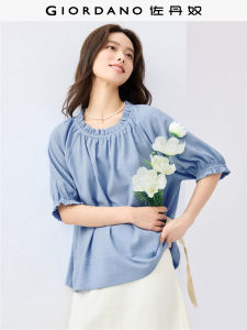 Giordano Womens Bubble Fabric Texture Short Sleeve round Neck Shoulder Insertion Shirt Loose Fit Princess Style Sweet Wind