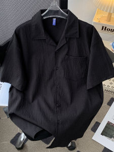 Trendy Chinese Style Ice Silk Pleated Short Sleeve Cuban Collar Mens Pure Color Summer Cool Feeling Half Sleeve Casual Shirt