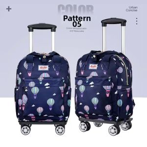 Womens Detachable Rolling Backpack Lightweight Handheld Boarding Bag with Universal Wheels Foldable Travel Bag Waterproof Print