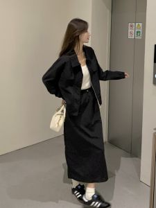 ชุดสองชิ้นสีดำสไตล์เกาหลีสำหรับผู้หญิง ชุดลำลอง ชุดแฟชั่นฤดูใบไม้ผลิและฤดูใบไม้ร่วง ชุดทำงาน ชุดทำงาน ชุดทำงาน