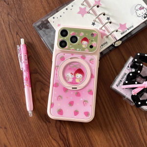 Sanrio | Hello Kitty Strawberry Stand Phone Case For iPhone 15 16 17 Pro Max Cute Shockproof Soft Back Cover With Lens Protector