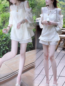 Shalldoer | New Chinese Style Heavy Embroidery Lace Patchwork Summer Sun Protection Casual Womens Two-Piece Set Round Neck Short Sleeve