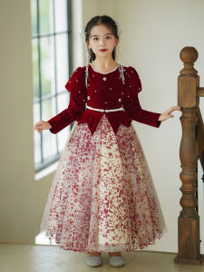 ชุดเจ้าหญิงผ้ากำมะหยี่สีแดง ชุดการแสดงนักเรียน ชุดเดินแบบ เด็กผู้หญิง แฟชั่นเด็ก งานปาร์ตี้ ชุดเดรสฤดูใบไม้ผลิ 2024