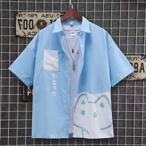 Summer Japanese Short-Sleeved Shirt Cute Cat for Teenagers Trendy Male K-style Ins Trendy Handsome Student Shirt