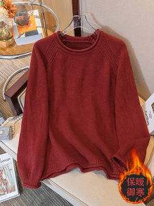 Red Thickened Womens Sweater Autumn Winter Fashionable Stylish Base Layer Top Large Size Loose Fit round Neck Long Sleeve