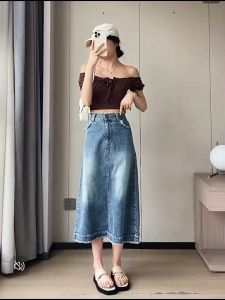 Large size retro denim skirt with raw edge women winter high waist no slit bottoms midi A-line skirt