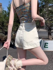 White High Waist Slim Fit A-Line Denim Shorts Women Summer New Style Casual Washed Solid Color Multi-Pocket Buttoned Jeans