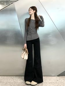 Quần Jeans Ống Loe Ống Rộng Ống Dài Màu Đen Cho Nữ Mùa Xuân Thu Quần Dài Ôm Dáng Quần Jeans Ống Rộng Thường Ngày