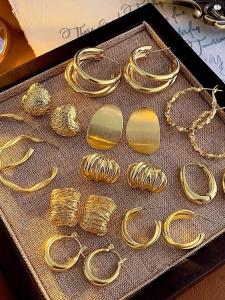 Matte Gold Metal Earrings Womens Fashion OL Style Geometric Pattern Ear Jewelry Simple Minimalist Trendy Dangle Studs