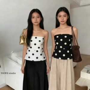 French Strapless Wrap Short Top Polka Dot Sleeveless Off-the-shoulder Vest For Women 2315