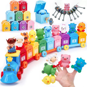 Toddler Learning Toys Montessori Train Set with Farm Animals Counting Sorting Toys Fine Motor Finger Puppets Games For Gifts