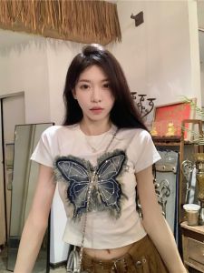 Slim Fit Short Sleeve round Neck Denim Butterfly Patchwork T-Shirt Womens Stylish Casual Top White Design Summer Fashion