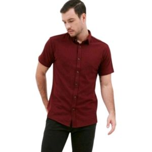Kemeja Pria Lengan Pendek Slimfit Katun Oxford Polos Merah Maroon