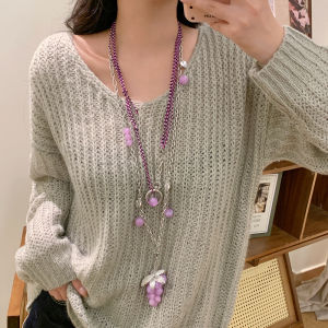 สร้อยคอจี้ผลไม้สีม่วง ผูกด้วยมือ ยาว สร้อยคอสาน แฟชั่นสำหรับผู้หญิง สร้อยคอสานยาว เครื่องประดับแฟชั่น