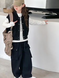 MPW | Girls Fashionable Three-Piece Workwear Pants Set Spring Autumn Kids Clothing Ladylike Style Standard Package Machine Washable