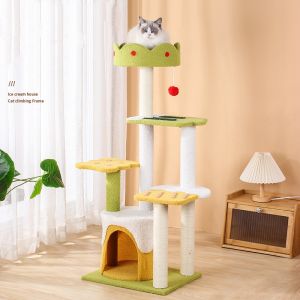 Wooden Cat Tree Cat Climbing Frame Ice Cream Series Cat Condo Tower Soft Cashmere Loop Cat House Tree