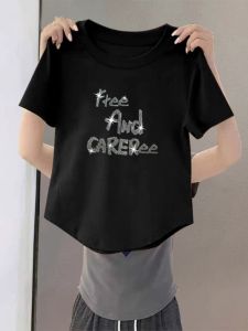 Black Short Sleeve T-Shirt Womens Summer Slim Fit Pure Cotton Shoulder Line Embroidery Rhinestone Irregular Arc Hemline Top