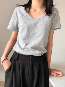 White V-Neck Short Sleeve Cotton T-Shirt Womens Summer Korean Style Loose Fit Basic Short Length Top Commute Style Pure Color