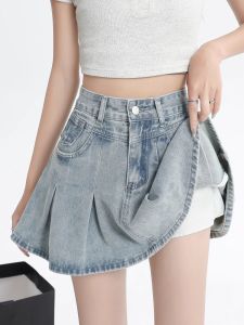 Váy Ngắn Denim Cạp Cao Phong Cách Retro Cho Nữ Mùa Hè Váy Ngắn Xếp Ly Chữ A Váy Ngắn Nửa Thân Váy Ngắn Màu Xanh Nhạt
