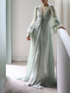 ชุดเดรสยาวผ้าไหม Cicidream สีเขียวทะเล ทรงหลวม แขนยาว คอวี กระโปรงทรงเอ ฤดูร้อน 2025 ชุดเดรสยาวคลุมเข่า