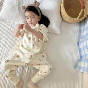 Pure Cotton Muslin Baby Sleepwear Short Sleeve Thin Continuous Clothing for Girls Boys Summer Anti-Kick Blanket Baby Clothes