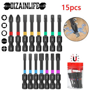 15pcs Magn-etic Batch Head Impact Electric Screwdriver Bit Set M-agnetic Case 5 Types S2 Head Bit Waterproof Non-Slip Drill Bits