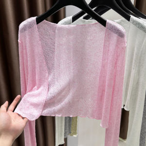 Ice Silk Knitted Short Cardigan Womens Summer Lightweight Sun Protection Shoulder Shawl Outerwear Breathable Korean Style Top