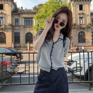 DUOFEIYAN | Polo Collar Short Sleeve Ice Silk Thin Knit Cardigan