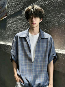 ZHUOCAN | Áo Thun V-Neck Họa Tiết Carô Xanh Giả Dạng Hai Mảnh Thiết Kế Sạch Đẹp