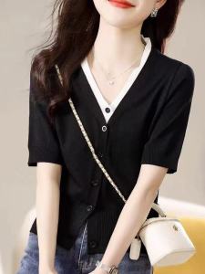   Outlet ฤดูร้อนผ้าไหมน้ําแข็งถักแขนสั้น T เสื้อผู้หญิงเปิดเสื้อสเวตเตอร์ถัก V คอตรงเสื้อผ้าทํางานหญิง Premium Silk Top