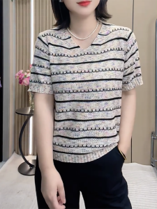 QINGNAER | Breathable Contrast Stripe Short Sleeve Sweater