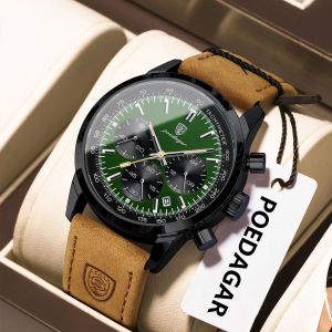POEDAGAR Luxury Sports Men Watch Waterproof Luminous Chronograph Leather Male Watch Fashion Military Quartz Mens Watches Reloj