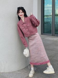 Pink Denim Jacket And Knitted Tassel Long Dress Two-Piece Set Womens Fashion Spring New High Waist Casual Style Dress Suit
