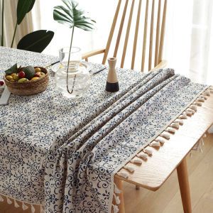 1-6 Seater Dining Tablecloth Tassel Table Mat Coffee Table Tablecloth Blue and White Porcelain Cotton and Linen Tablecloth