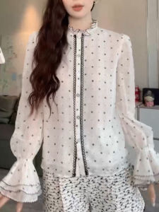SHUAIYUE | Áo Blouse Tay Chuông Ren Chấm Bi Elegance
