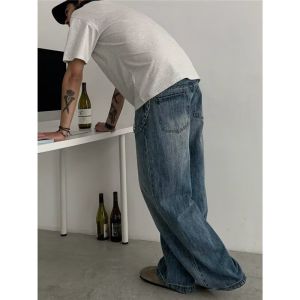 Blue Washed American Retro Mens Jeans Loose Wide Leg Casual Long Trousers Crack Pattern Youth Trend Wear Resistant Straight Foot