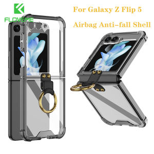 FLOVEME With Ring Bracket Stand Clear Folding Phone Case For Samsung Galaxy Z Flip 5 Flip 4 Flip 3 5G Luxury Transparent Acrylic Four Corner Anti-fall Shockproof Back Cover For Galaxy Z Flip 5 Flip 4 Flip 3