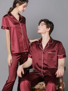 DTHN | Silk Ice Fabric Couples Sleepwear Short Sleeve Long Pants Thin Mens Large Size Two-Piece Set Autumn Collection Comfortable Leisure