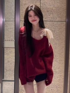 XUECAIQI | Red Bow Off-Shoulder Loose Knit Sweater