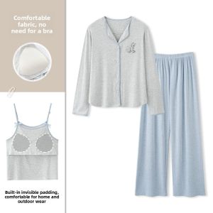 Miiow | Ice Silk Sleepwear Set Womens Spring Autumn Long Sleeve Comfortable Home Clothes Outwear With Chest Pad Three Piece Set