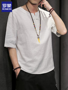 Romon Linen Cotton Loose Fit Short Sleeve T-Shirt Mens Summer New Style Chinese Button Design Breathable Comfortable V-neck Top